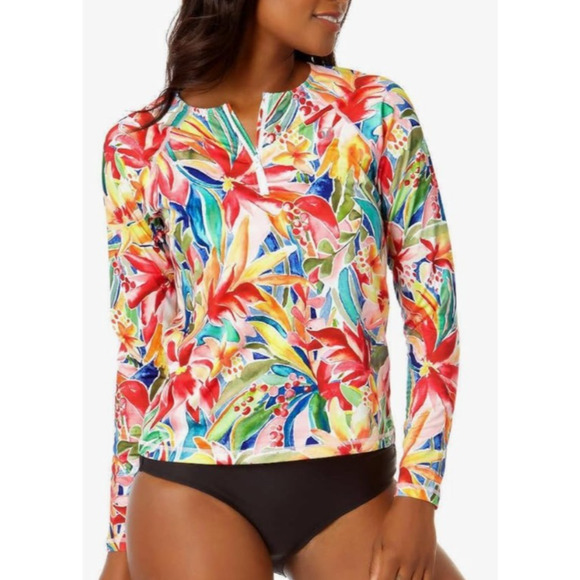 Hurley Womens UPF 50+ Long Sleeve Tropical Print Rashguard Surf Swim Beach Large - Picture 1 of 9